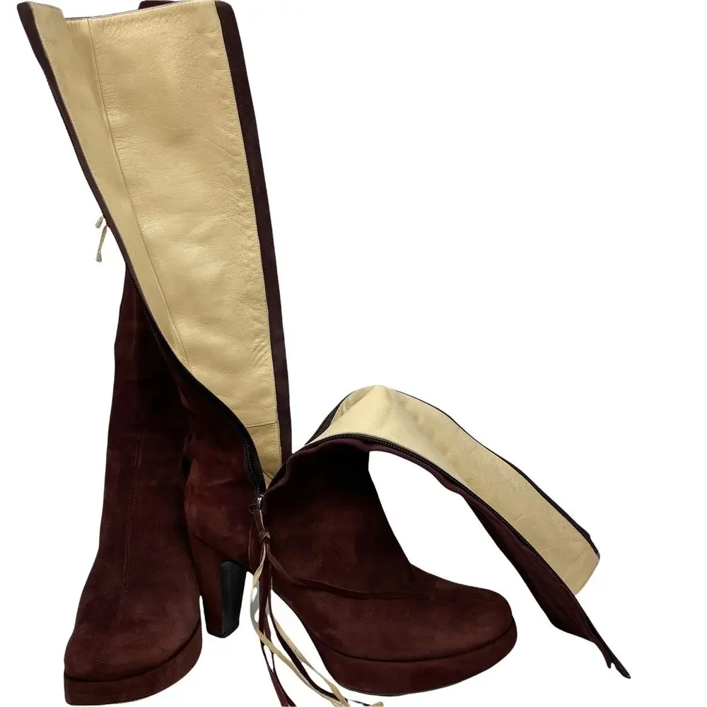 Pollini Suede Knee High Boot Womens SZ 6.5 Maroon Tassel Tall Heel Double Zip